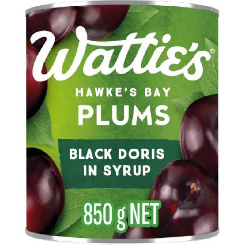 Wattie's Black Doris Plums in an 850g jar, featuring rich New Zealand flavor, perfect for toppings or baking.