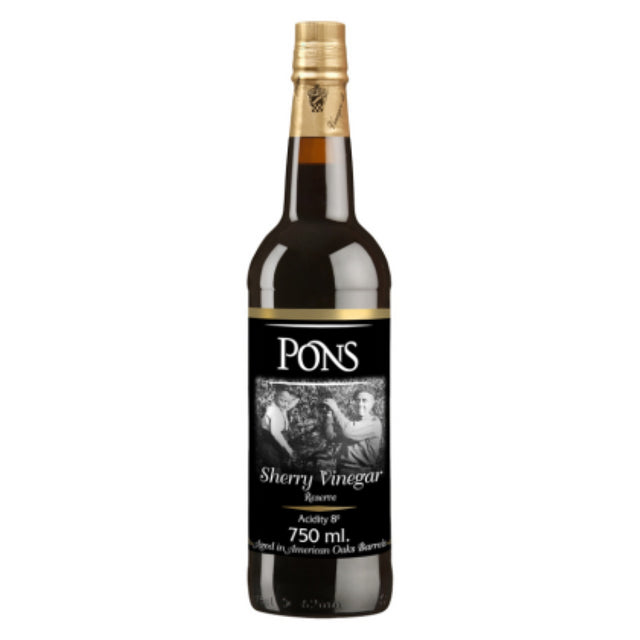 Bottle of Pons Vinegar Sherry, 750ML, featuring rich Palomino grape flavor aged 8 years in American oak barrels.