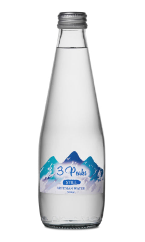 15-pack of 300ml 3 Peaks water still glass bottles made from premium natural glass for pure hydration, sourced from New Zealand.