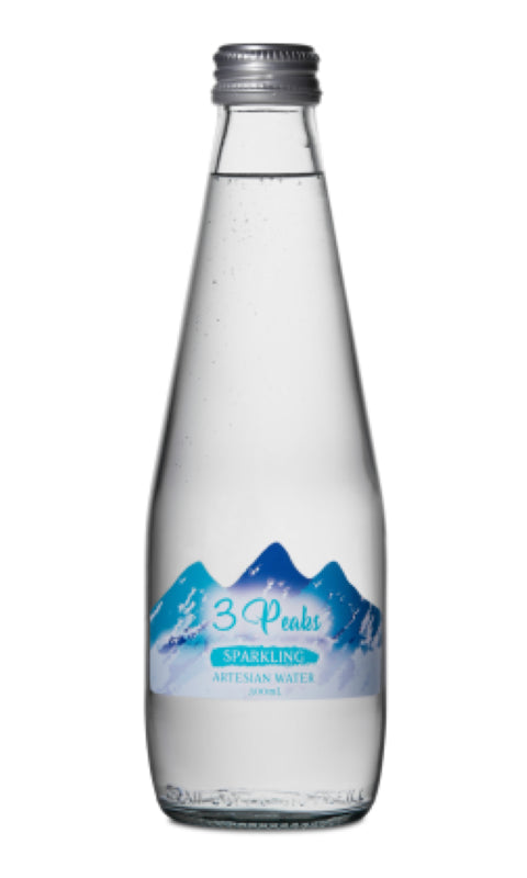 Elegant 3 Peaks sparkling glass bottles pack of 15, 300ml each; perfect for hydration and sustainability.