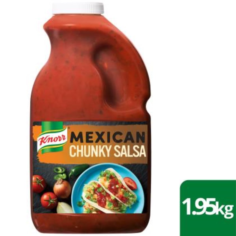 Chunky jar of Knorr Salsa Mild Mexican, 1.95KG, made with fresh ingredients, perfect for dipping or topping dishes.