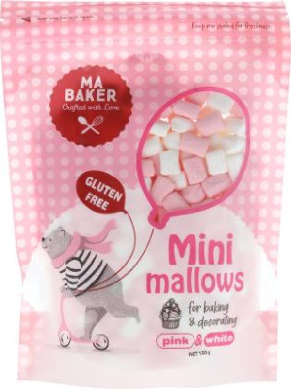 Mini pink and white marshmallows in a 150g bag, gluten-free and 99% fat-free, perfect for baking and topping treats.