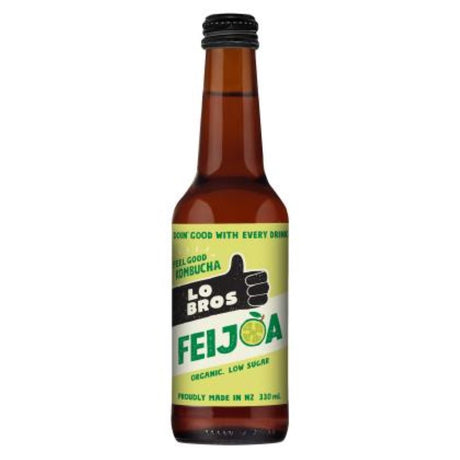 12-pack of Lo Bros Kombucha Feijoa in 330ml bottles, offering a fruity, refreshing drink rich in probiotics from New Zealand.