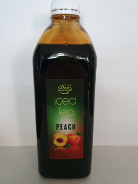 Bottle of Bon Accord Peach Iced Tea Concentrate, 1.5L, showcasing its refreshing peach flavor for easy summer beverages.