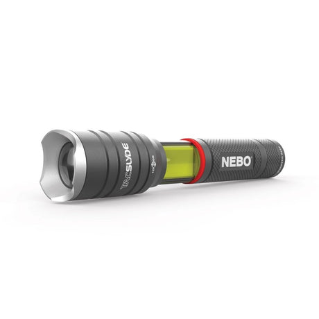 Versatile Nebo Tac Slyde flashlight with 300 lumens, 12x zoom, magnetic base, and COB lantern for emergencies.