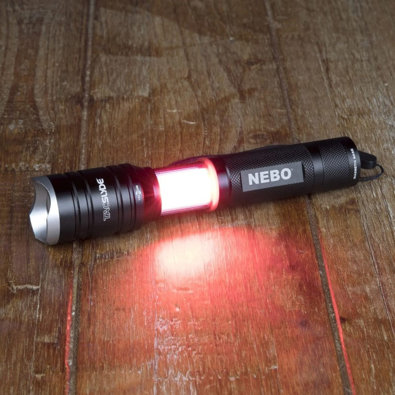 Versatile Nebo Tac Slyde flashlight with 300 lumens, 12x zoom, five modes, and an integrated magnetic base for hands-free use.