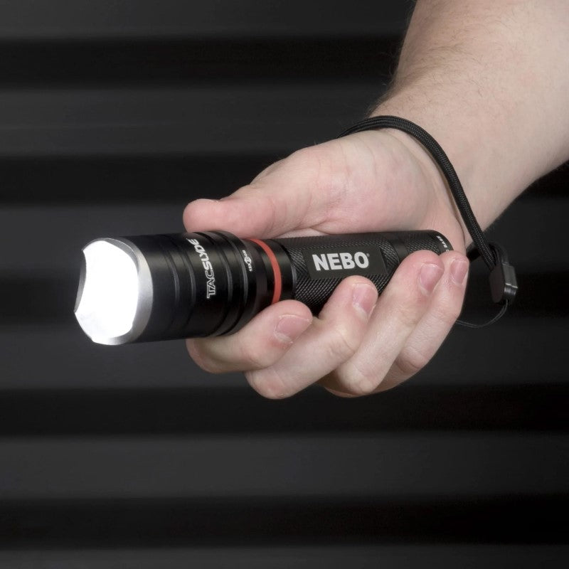 Compact Nebo Tac Slyde flashlight with 300 lumens, 12x zoom, five light modes, and durable waterproof design.