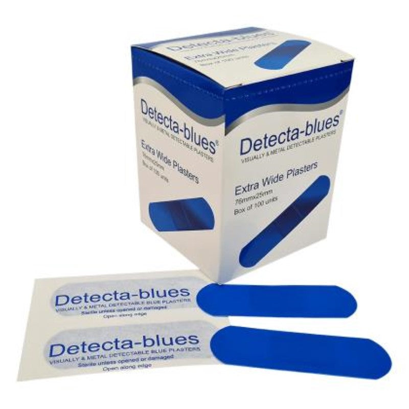 Blue metal detectable plasters (76x25mm) packaged in a box of 100, designed for food safety in first aid applications.