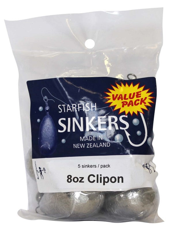 Starfish Clip-on Sinker Value Pack with five 8oz sinkers, designed for versatile fishing and easy attachment to lines.