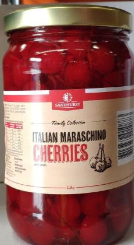 Bright red Sandhurst Maraschino cherries with stems, perfect for cocktails and desserts, in a 1.9KG jar from Italy.