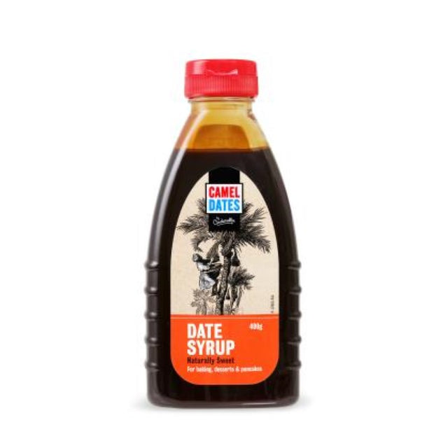 A bottle of Syrup Date - Camel, 400G, a nutritious date syrup alternative to sugar, ideal for baking and drizzling.