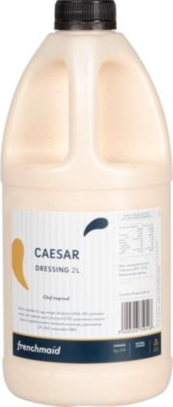 Creamy Frenchmaid Caesar Dressing in a 2L bottle, enriched with parmesan, lemon, garlic, and black pepper for flavorful salads.