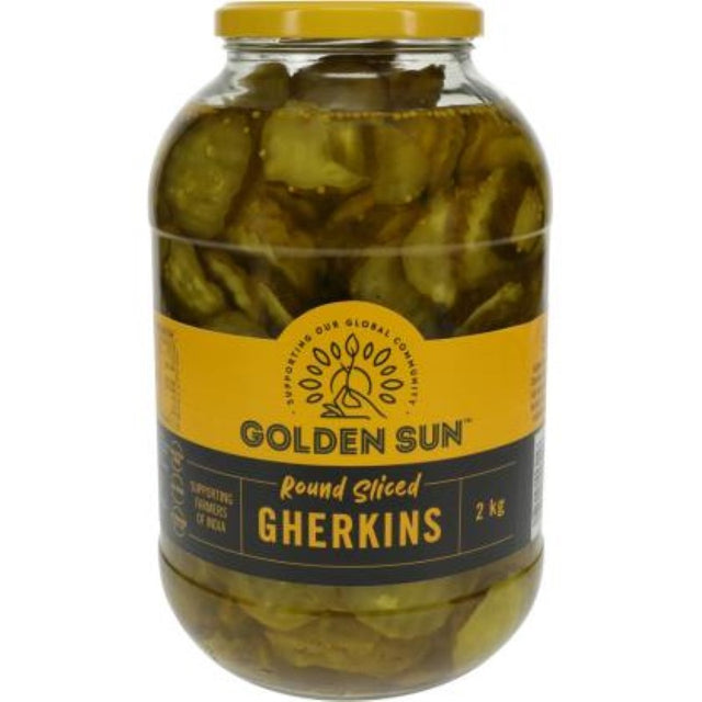 Gherkin round slices in a 2KG jar, featuring a tangy sweet flavor, perfect for salads and sandwiches.