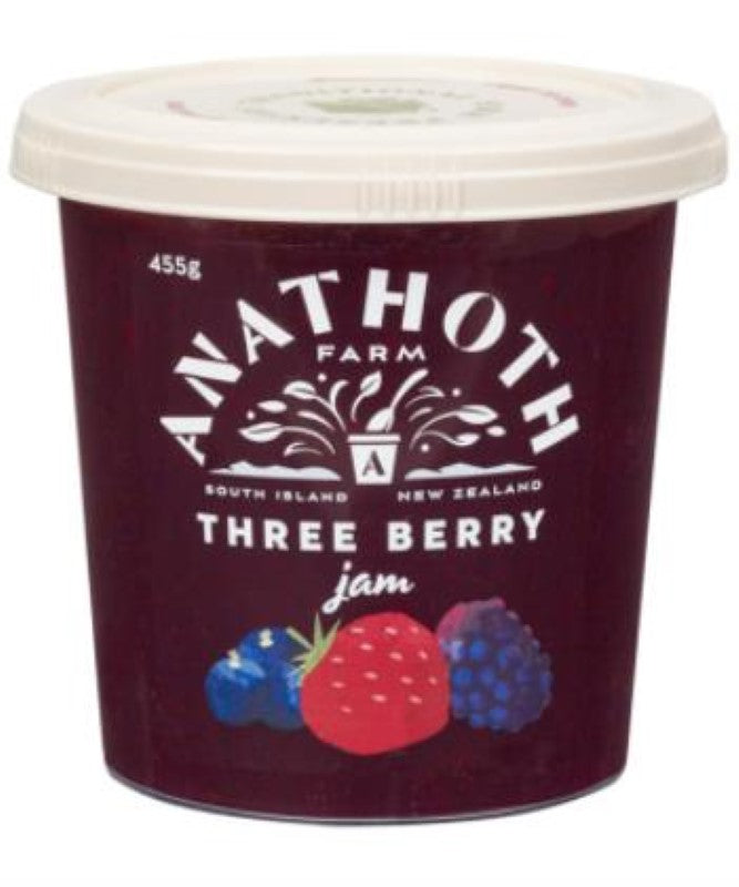 Jam Three Berry by Anathoth, 455g jar featuring NZ strawberries, boysenberries, and blackcurrants, gluten-free and vegan.