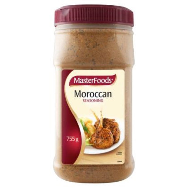 MasterFoods Moroccan Seasoning 755G, a vibrant blend of spices for enhancing meats and vegetables with authentic Moroccan flavor.