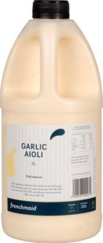 A 2L jar of Frenchmaid Aioli Garlic, creamy and flavorful, perfect for dipping or enhancing dishes. Made in New Zealand.