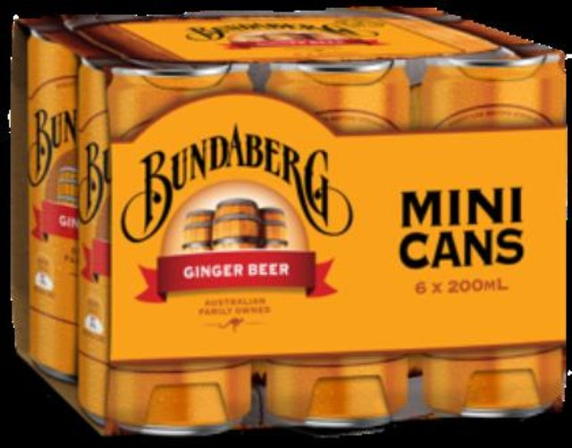 Bundaberg Drink Ginger Beer mini can 6-pack, 200ml each, refreshing Australian ginger beer perfect for sharing.