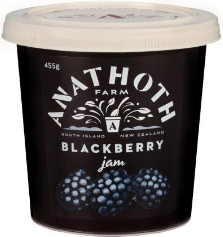 Rich Anathoth blackberry jam in a 455g jar, perfect for toast or scones, made in New Zealand with real blackberries.