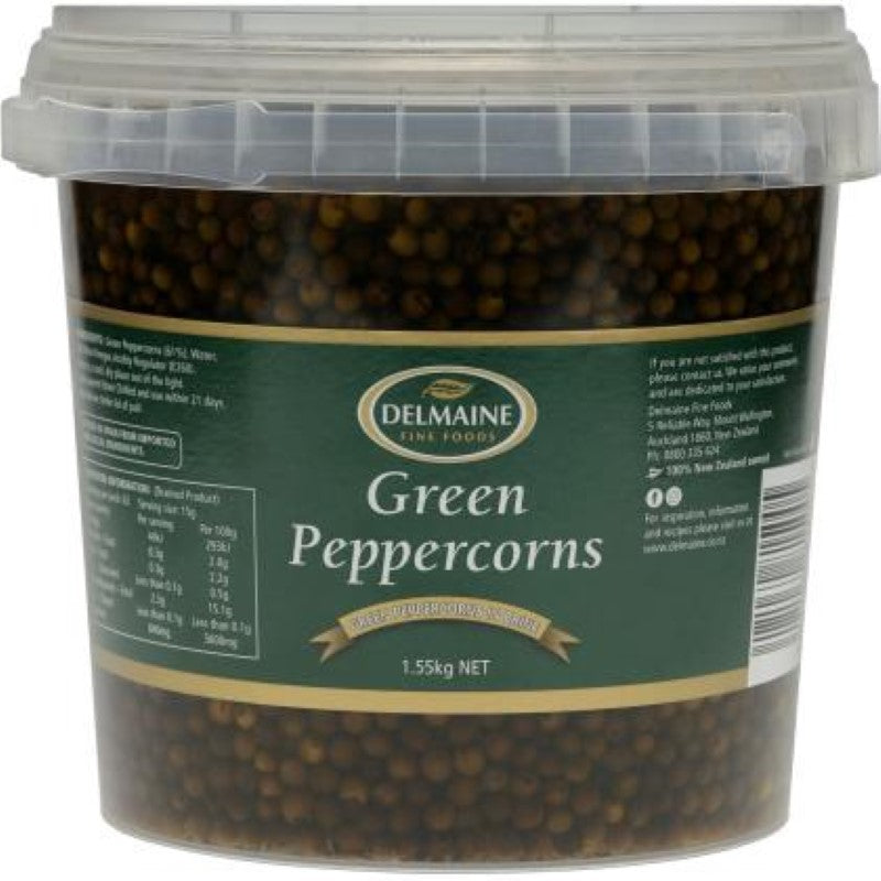 Delmaine 1.55KG Green Peppercorns from Spain, perfect for enhancing sauces, dressings, and meats with fresh, pungent flavor.