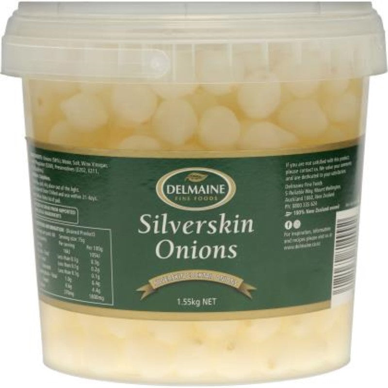 Delmaine Silverskin Onions, 1.55KG pack from Spain, known for sweet flavor, ideal for roasting and pickling.