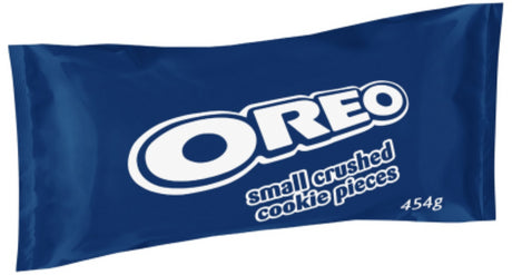 Crushed Oreo cookie pieces in a 454g pack, perfect for baking, snacking, and enhancing desserts with rich flavor.