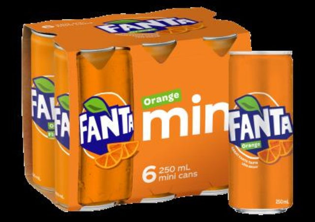 Six-pack of 250ml Fanta cans with vibrant orange color, perfect for refreshing fruity enjoyment at parties or picnics.