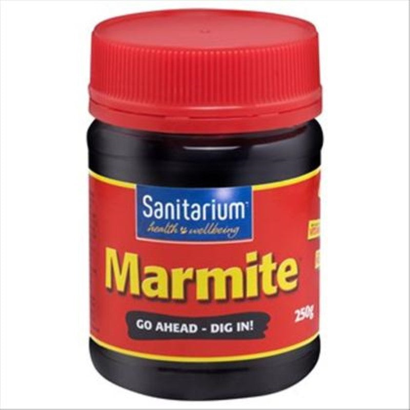 Marmite Sanitarium 250G jar, a smooth dark brown yeast spread for bread, toast, and flavoring recipes.