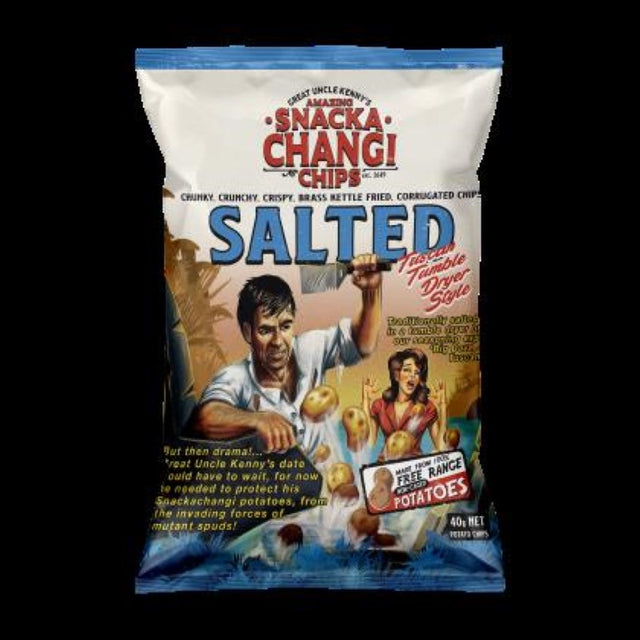 Kettle salted chips from Snacka Changi in a 24x40g pack, featuring crunchy texture and rich flavor, made in New Zealand.