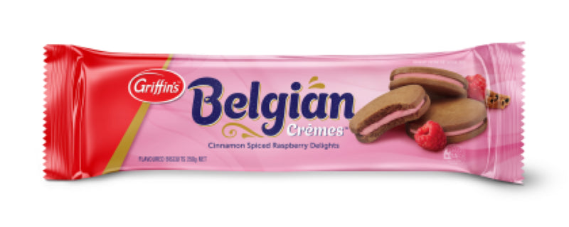 Griffin's Biscuit Belgian Cremes: Luxurious, creamy biscuits made in Thailand, perfect for tea or coffee breaks, 250g pack.