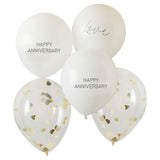 "Anniversary Balloon Bundle featuring 'Happy Anniversary' and 'Love' white balloons with gold heart confetti accents."