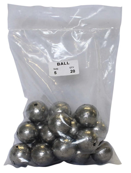 Bulk pack of 20 versatile 5oz ball sinkers for fresh and saltwater fishing, enhancing bait positioning and rig flexibility.