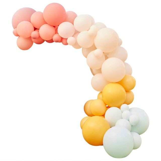 Muted pastel balloon arch kit featuring 75 latex balloons in coral, pink, peach, yellow, and mint green for events.