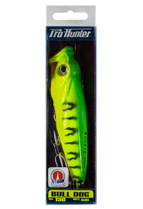 Pro Hunter Bull Dog 130mm Popper in Hot Tiger color, perfect for inshore fishing with ultra-sharp hooks and superior casting.