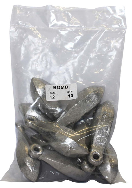 A pack of 10 Reef Sinkers, 12oz each, designed for deep-sea fishing with a streamlined shape for minimal water resistance.