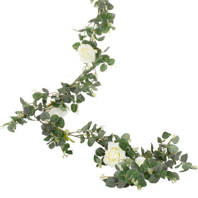 Botanical wedding garland featuring white flowers and eucalyptus, 1.8m long, perfect for decor and centerpieces.