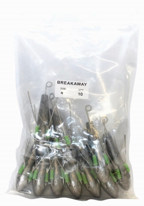 Breakaway Sinker Bulk Pack featuring 10 durable 4oz sinkers for long-distance surfcasting and stability in strong currents.