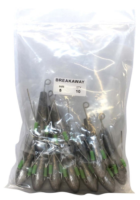 Breakaway Sinker Bulk Pack containing 10 durable 5oz sinkers for effective surfcasting and hassle-free retrieval.