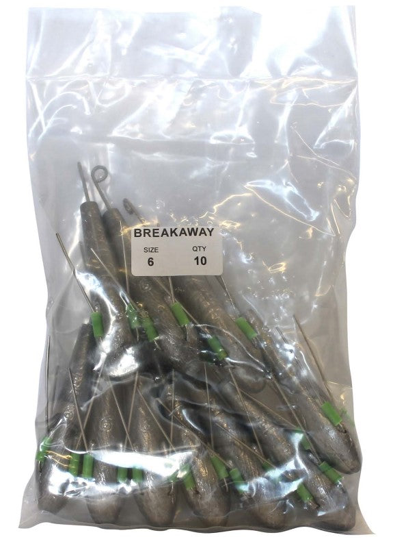 Bulk pack of 10 Breakaway 6oz sinkers, designed for surfcasting with wire grips for secure sea bed hold and easy retrieval.