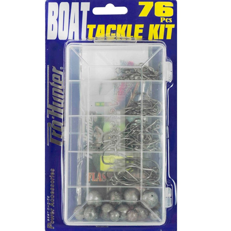 Pro Hunter 76 Piece Boat Tackle Kit in a sturdy box, featuring hooks, sinkers, and swivels for effortless fishing.