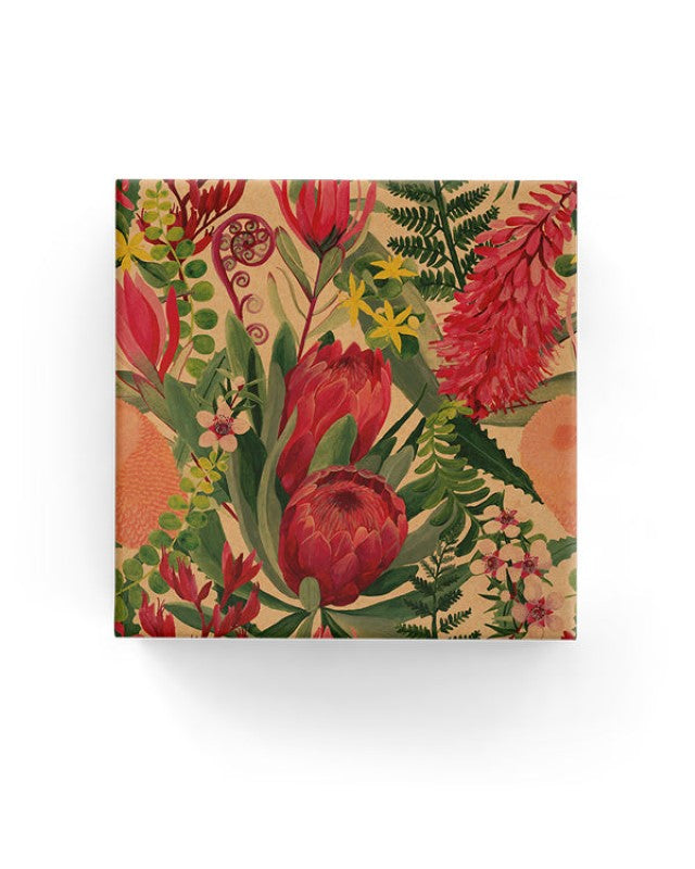 Wrapping paper featuring a protea garden design on durable kraft, 600mm wide and 40m long, 80gsm quality.