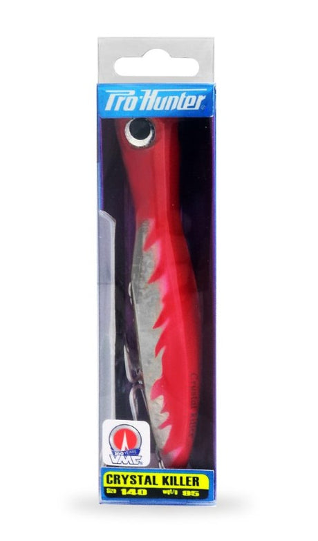 Pro Hunter Crystal Killer Pencil Popper in red, designed for casting and quick retrieval, featuring VMC hooks and robust construction.