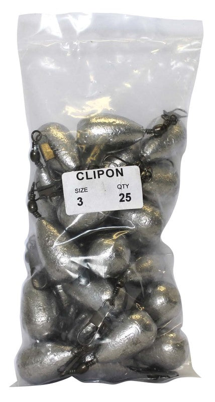 Image of Clipon Sinker Bulk Pack 3oz with 25 durable, versatile sinkers designed for easy attachment and effective fishing.