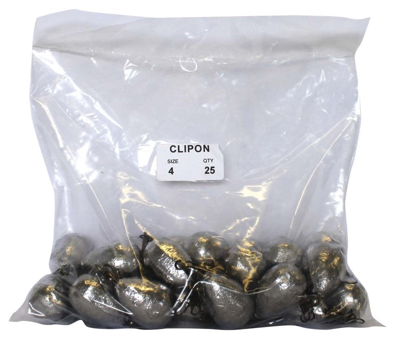 Bulk pack of 25 durable 4oz clip-on sinkers for versatile freshwater and saltwater fishing applications.