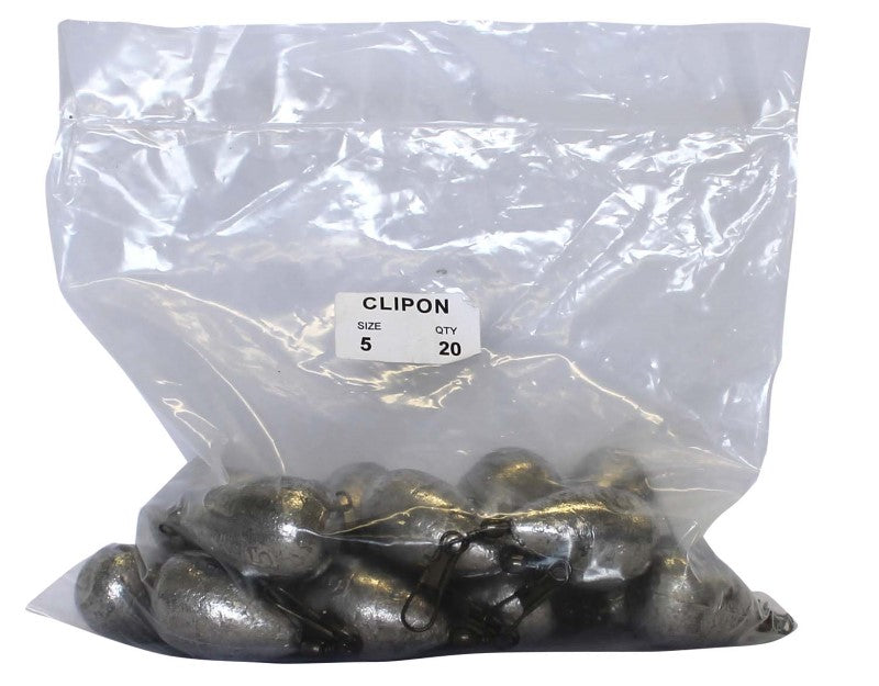 Clip-on sinkers in a bulk pack of 20, designed for easy attachment and versatile use in fresh and saltwater fishing.