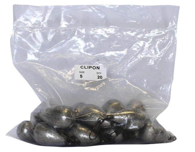 Clip-on sinkers in a bulk pack of 20, designed for easy attachment and versatile use in fresh and saltwater fishing.