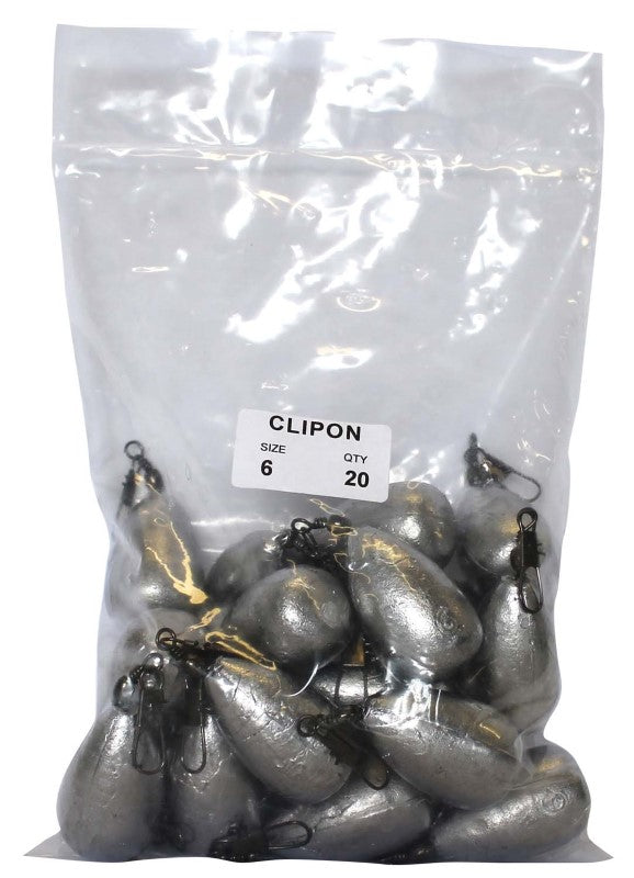 Clip-on sinker bulk pack with 20 durable 6oz sinkers for versatile fishing in freshwater and saltwater environments.