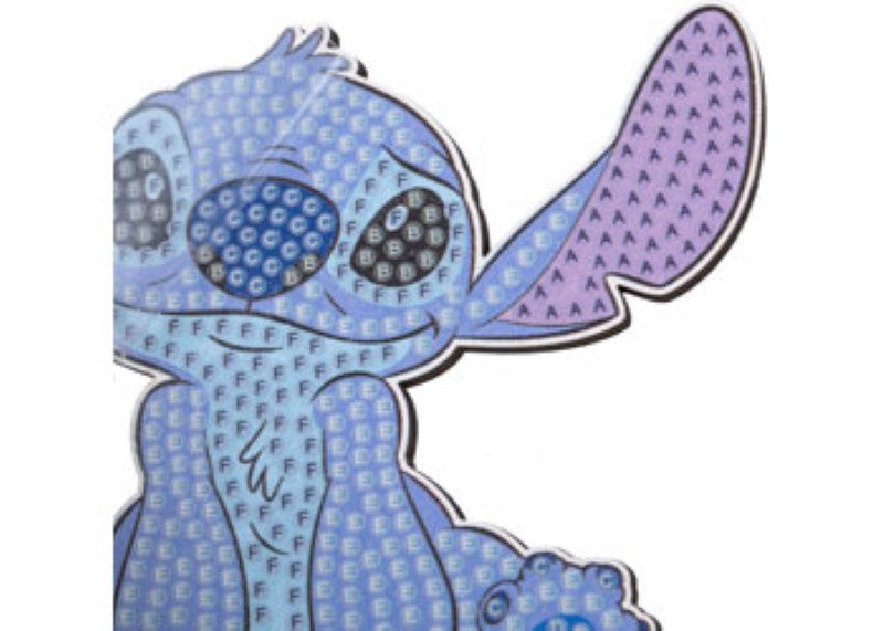 Colorful Crystal Art Buddy kit featuring Stitch, includes wooden figurine, display stand, crystals, and crafting tools for ages 6+.