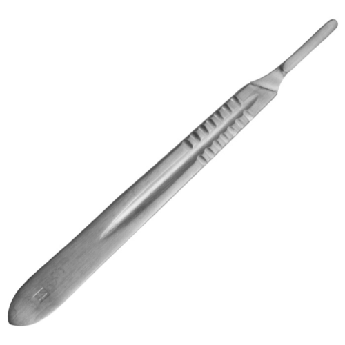 Small stainless steel scalpel handle designed for precision crafting, compatible with blades #10-#13 for intricate projects.