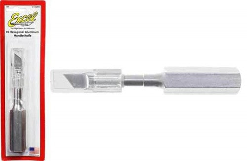 Hobby Tool #6 Knife with safety cap; heavy-duty metal body, hexagonal handle, and sharp angled #19 blade for precise crafting.