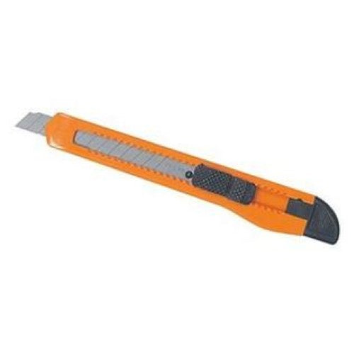 Compact 9mm snap-off blade knife with retractable blade and push lock, ideal for various light-duty cutting tasks.